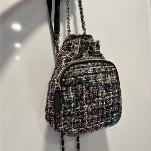 Zara Tweed Mini Drawstring Backpack - Black Multi